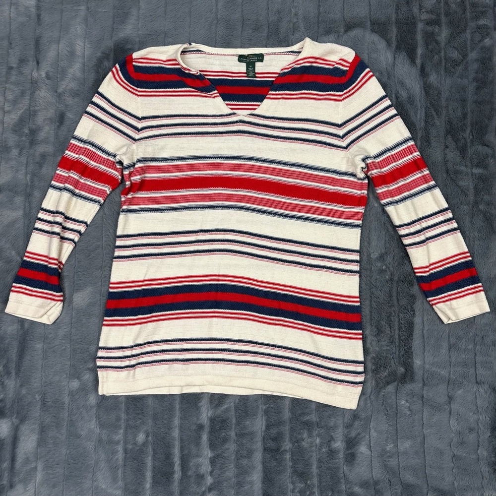 Lauren Ralph Lauren Striped V-Neck Sweater Red Navy Cream Cotton Linen Womens M